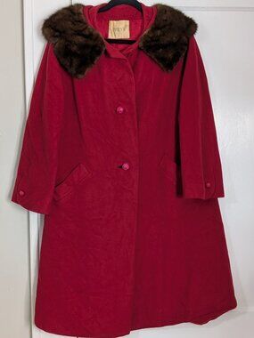 Vintage Red 100% Cashmere Fur Collar Coat Women's L XL Long Swing Jacket Ivey's